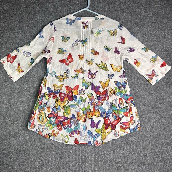 La Cera Womens Tunic Top Butterflies Size Medium Colorful Nature Sheer - Picture 2 of 8